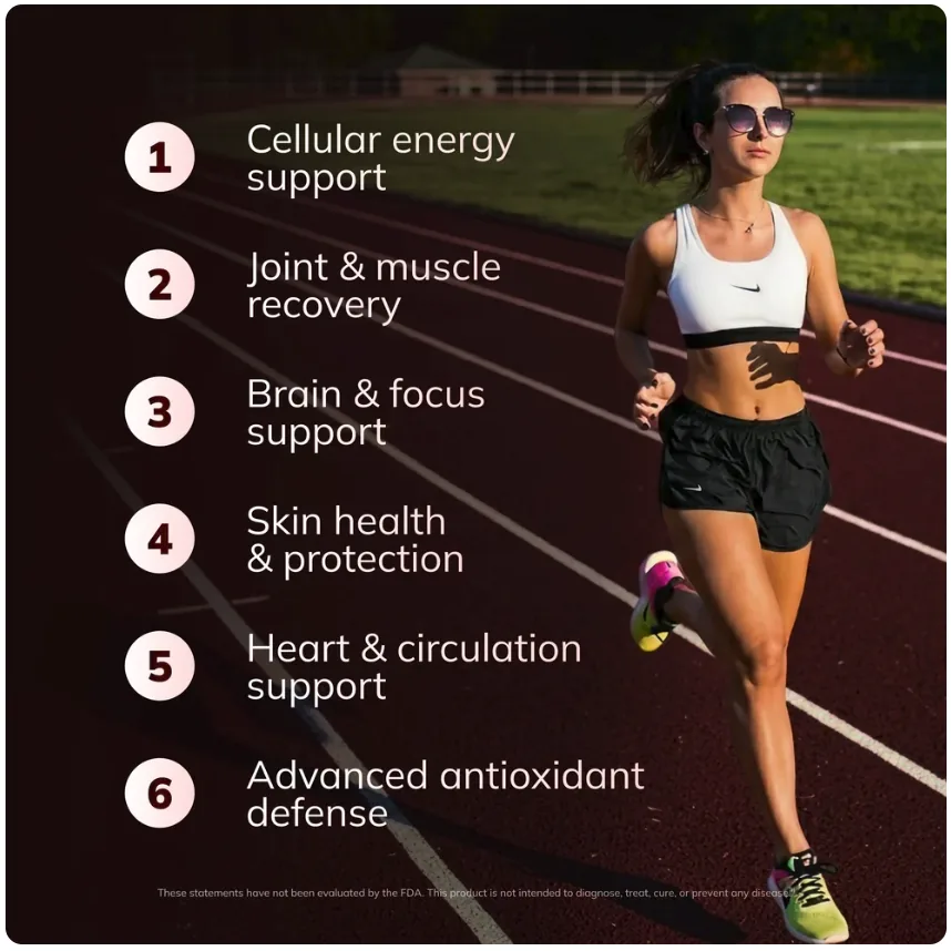 Runner on a track beside a numbered list of six areas Rovina Astaxanthin supports