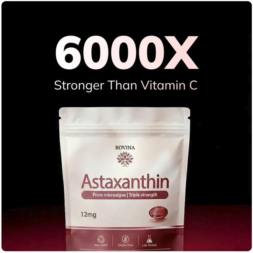 Rovina Astaxanthin pouch with the claim: 6000X stronger than vitamin C