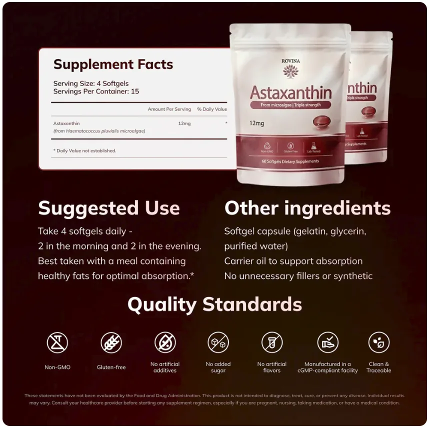 Rovina Astaxanthin supplement facts panel: 12 mg astaxanthin from Haematococcus pluvialis microalgae per 4-softgel serving, 15 servings per container